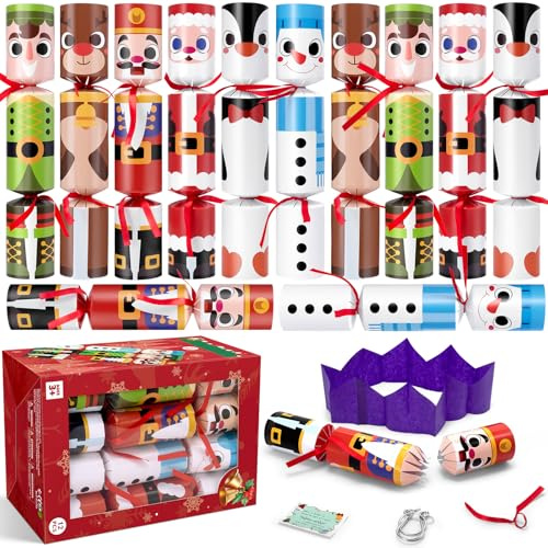 SUGFUT 12 Pack Christmas Crackers Non-Snap Christmas Party Table Favors with Characters Holiday Party Favor Supplies for Kids and Adults, Parties, Dinners and Holidays