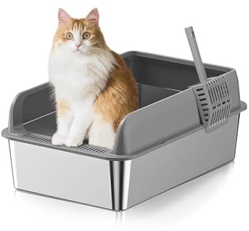 Wintem - Toilette per Gatto in Acciaio Inox con Coperchio Anti-Schizzo e Paletta Inclusa, Lettiera dal Design Igienico Facile da Pulire e Anti-Odore per Uso Quotidiano