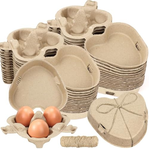 XJGQZ 30 Pack Egg Cartons Bulk, 3 Count Heart Shaped Paper Pulp Egg Trays with Jute Rope Reusable Sturdy Baskets Holder Eggs Storage Containers for Home Use Valentine Chicken Lover Gifts