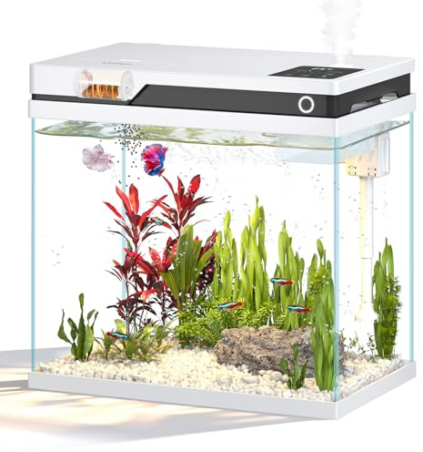 Vehipa 26L Mini Aquarium Komplettset, Nano Aquarium mit geräuscharmer 4-in-1-Pumpe, Automatischer Futterstation, Temperaturanzeige, Einstellbarer Acht-Farben-Beleuchtung und Luftbefeuchter