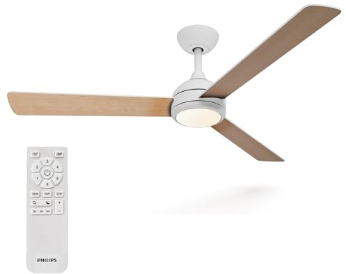 Philips Civx Lámpara de Techo con Ventilador LED, 3 aspas, Diámetro 132 Cm, 2500 Lúmenes, Luz Blanca Tres Tonos (3000 K/4500 K/6500 K), Regulable al 10%, Mando a Distancia, Blanco/Madera clara