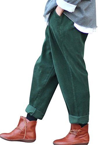 Youlee Femmes Élastique Taille Velours Côtelé Pantalons avec Poches Vert Foncé L