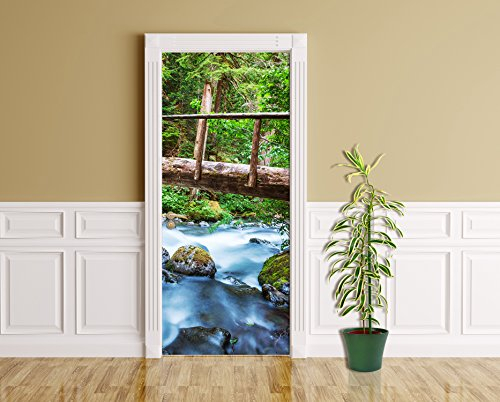 Bilderdepot24 Türtapete selbstklebend Waldfluß 90 x 200 cm - einteilig Türaufkleber Türfolie Türposter - Wald Forst Fluss Fluß Gewässer Brücke Natur Landschaft Bach