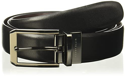 Perry Ellis Men's Portfolio 2-Tone Reversible Belt with Matte and Shine Buckle (Sizes 30-42 Inches), Black/Brown, 32