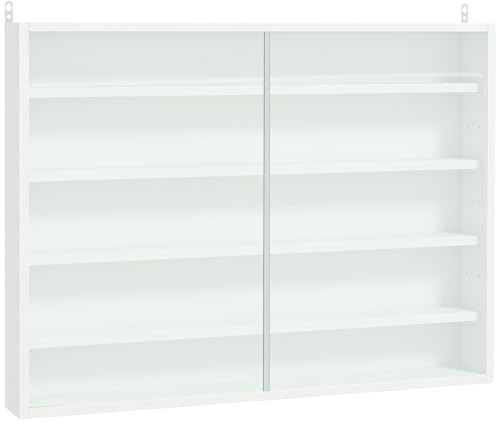 HOMCOM 5-Tier Wall Mounted Display Cabinet, Display Case with 4 Adjustable Shelves, Glass Doors for Home Office Ornaments 60x80cm, White
