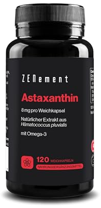 Astaxantina Natural Pura 8 mg de Haematococcus pluvialis - con Omega 3 para una Mejor Absorción - 10% de Astaxantina Pura - 120 Cápsulas Blandas - Zenement