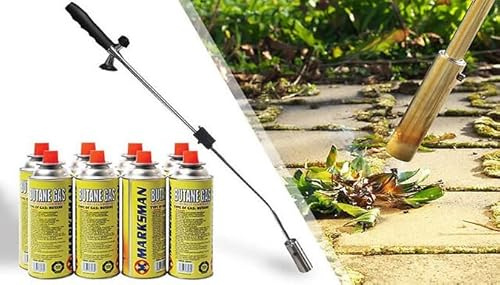 GREEN Powered Gas Weed Burner with Auto Ignition Weed Burner Gas Weed Killer with Adjustable Flame Butane Gas Canister Compatible Weed Wand Eco-Friendly Flame Thrower (Burner with 8 Canister)