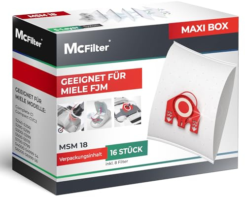 McFilter | 16 bolsas para aspiradoras Miele FJM | adecuado para S511, S512-1, S548 Plus | 5 capas | bolsa para polvo incl. 8 filtros con cierre automático | MAXI BOX