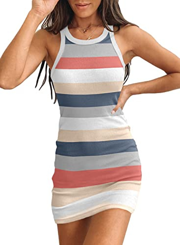 Samefar Womens Summer Sexy Bodycon Dress Scoop Neck Slim Ribbed Sleeveless Tank Dresses Stripd Multicolor Mini Dress Medium