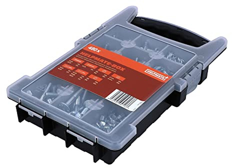 HELPMATE – Gewindeschrauben Set 480‑teilig – Box mit metrischen Schrauben, Unterlegscheiben, Muttern, Beilagscheiben, Sechskantschrauben, Schlossschrauben & Flachrundkopfschrauben