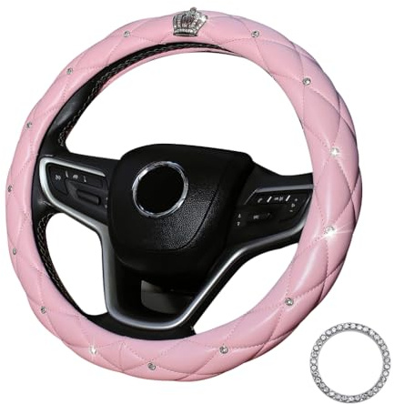 coofig Lenkradbezug Glitzer Universal Lenkradhülle Leder Universal 38cm/15 Inch Strass Lenkrad Bezug Atmungsaktive Steering Wheel Cover Auto Zubehör Innenraum Frauen (Rosa)