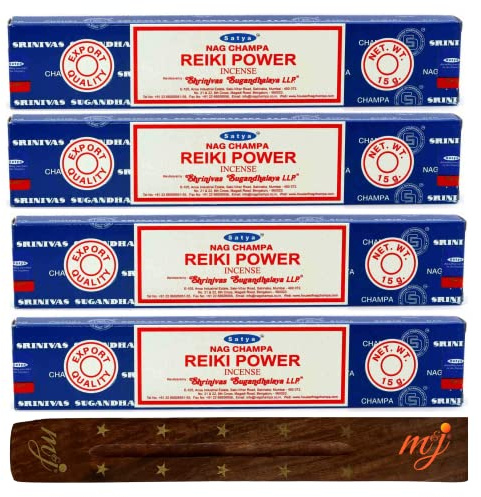 Satya Nag Champa Lot de 4 bâtons d'encens Reiki Power avec porte-encens, pour l'aromathérapie, le spa, le yoga, les mariages, la méditation, la guérison, la positivité et la relaxation