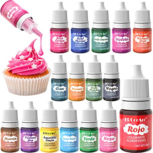 Colorante Alimentario Líquido - ERCorArt 16 Colores Colorante Alimentario de Grado Alimentario Vibrante, Juego de Colorantes Alimentarios Insípidos para Decoración de Nata Vegetal, Cocina, Fondant