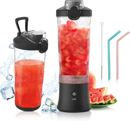 Vaeqozva Portable Smoothie Maker, 600ml Personal Blender, 270W Mini Blender USB Rechargeable, 6 Blades, Smoothie Cup for Travel, Sports, Office, Black