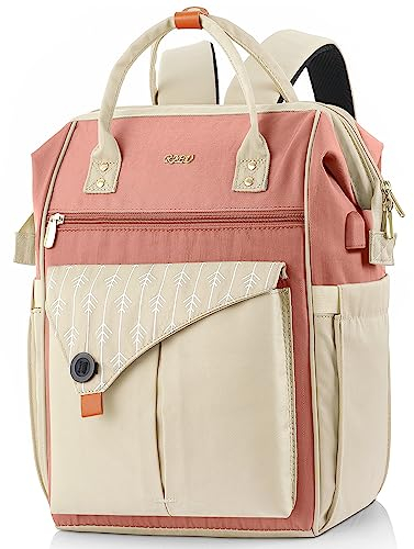 Rucksack Damen, Schulrucksack mit USB-Ladeanschluss, Laptop Arbeits Rucksack, 15,6 Zoll lässiger Tagesrucksack für Mädchen Teenager, Geschenk für Frauen, Rosa-Beige