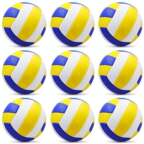 Ukontagood 9 Pack Official Size 5 Volleyballs, Indoor Outdoor Volleyball Waterproof Soft Pool Beach Volleyball Ball of Composite Leather Inflatable with Pump for Adults Teen (Blue/White/Yellow)