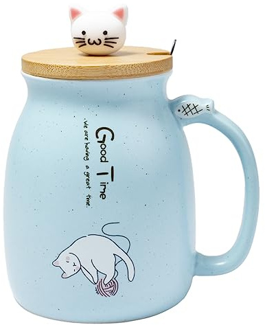 lachineuse - Tasse Kawaii 450ml - Grande Tasse Chat avec Couvercle & Cuillère - Mug à Infusion, Thé & Café - Tasse Originale Japonaise - Idée Cadeau Japon Asie - Kitty Mignon - Coloris Bleu