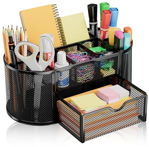 Taasmoog Schreibtisch Organizer Schwarz, Mesh Metall Büro-Organizer mit Schublade und Stifthalter Stiftehalter Schreibtisch für Stifte Hefter Ordnerklammern Haftnotizen