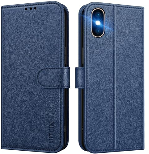 UITUIM Mobiltelefonfodral för iPhone X/iPhone XS, vikbart läderfodral vikbart fodral med magnet kortfack och plånbok ställväska fodral skyddsfodral för iPhone X/iPhone XS, blå