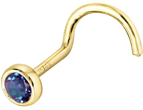 Solid 14K Yellow Gold Nose Screw Stud Bezel Set 2.5mm Alexandrite 22G Cork-screw Nose Stud - June Birthstone Nose Ring Stud NSBZ-ALX25YG