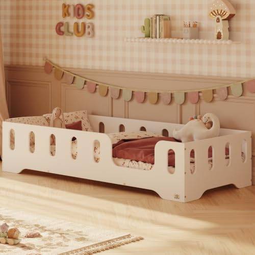 smartwood Bodenbett 80x180 cm mit Rausfallschutz, Holz, Weiß, TILA 2P | Montessori Kinderbett, Lattenrost belastbar bis 230 kg, FSC-Zertifikat, abgerundete Kanten, Einfache Montage, ab 3 Jahren