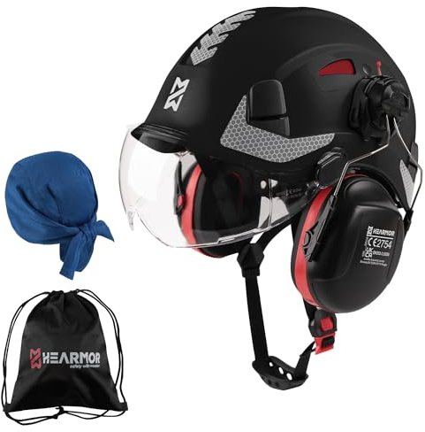 HEARMOR Casque de Protection 3 en 1 avec Protection auditive et visière, certifié en 397, pour travaux forestiers, Construction et Escalade, avec Sac Portable et Insert r