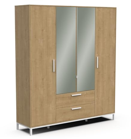 Demeyere 4-dörrars skåp med speglar och garderob, 2 nischer och 2 lådor - industriell stil - Hamilton ek färg och vit - 191 x 220 x 50 cm
