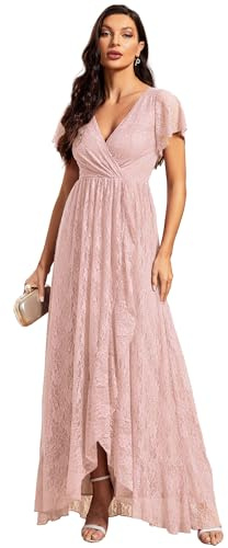 Ever-Pretty Robe Demoiselle d'honneur Femme Longue Asymétrique Dentelle Manches Courtes Col V Fluide Chic Rose 42