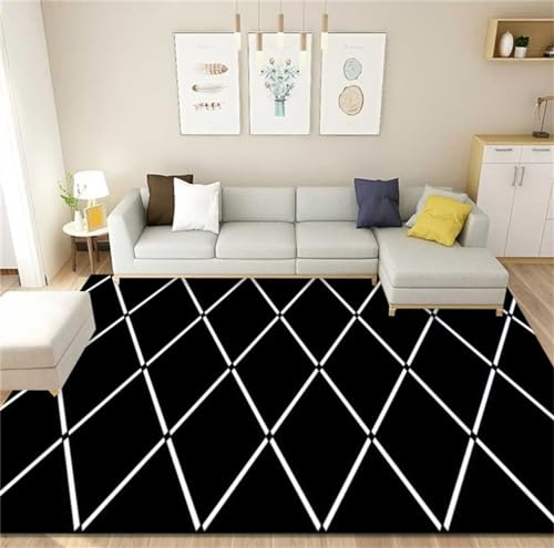 QGYFRE Kurzflor Teppich Kinderteppich bodenmatte kinderzimmer 200x260CM Girls Rugs for Bedroom Schwarz Leicht zu reinigender moderner Gitterteppich