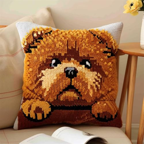 RKFLGEW DIY knüpfen set kissen Haustier Hund knüpfhaken set Süße Tiere Knüpfset für Kissen，DIY，handgefertigtes Kissen，Häkelgarn，Stickerei，Knüpfset für Kissenbezüge 43x43cm