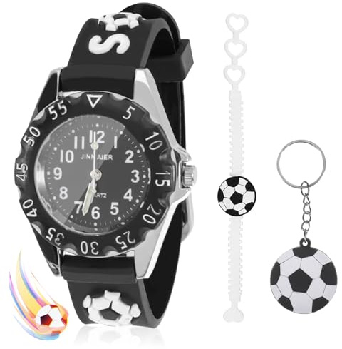 ertlutw Orologio analogico al quarzo per bambini, con cinturino a forma di pallone da calcio, con portachiavi e cinturino da polso, per bambini dai 3 ai 12 anni, Nero , casual