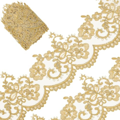 GORGECRAFT 4.6 m 13cm Breite Goldene Venezianische Spitzenborte Metallische Blumenstickerei Spitzenband Applikation Zum Nähen Florale Spitzenkrone Randbesatz Für Vorhänge Tischdecken Schonbezüge Braut