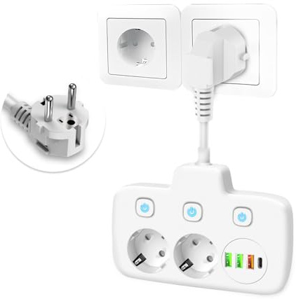 KUWUNG 6 in 1 Steckdose mit USB, 2-Fach Doppelstecker für Steckdose Steckdosenleiste mit Schalter, Verteilersteckdose mit USB und Schalter, WeißEU-Steckdosenleisten-Wandsteckerverlängerung für Zuhause