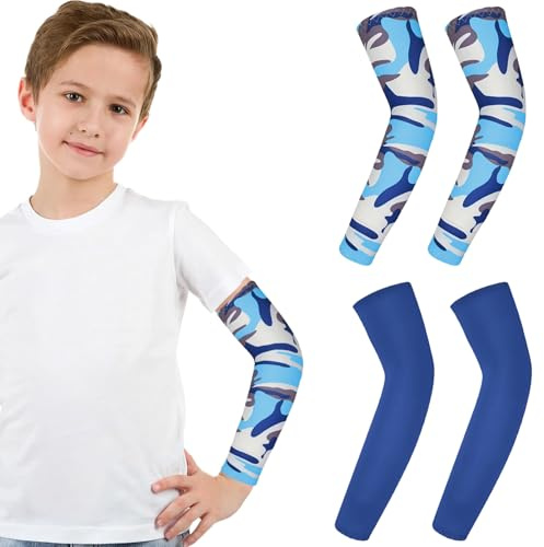 LUYANFX Volleyball Manchon Bras Enfants Basketball Manchettes Bras pour Enfants 2 Paires de Manchettes de Bras Taille L, Protection Solaire pour Course, Vélo, Skateboard (Bleu+Camouflage)
