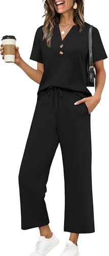 OFEEFAN Lounge Sets for Women Two Piece Sets Airport Vacation Outfits Trendy Lounge Sets Dressy Casual Spring Fashion 2026 Black Xl
