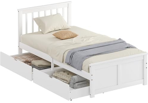HOMCOM 3ft Single Solid Wooden Bed Frame, Pine Storage Bed with Drawers, Headboard for Bedroom, Wood Slat Support, No Box Spring Needed, Easy Assembly, 90 x 190 cm, White