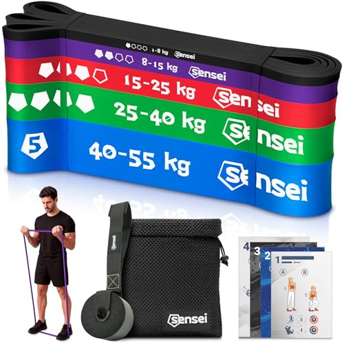 SENSEI Resistance Bands Set – Fitnessband für Klimmzüge & Krafttraining – Aus reißfestem Naturlatex – Inkl. Trainingsplan, E-Book & Tasche