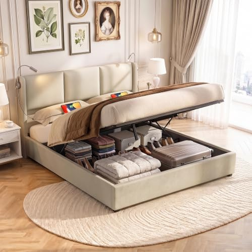 ZSSWSS Polsterbett Doppelbett 160x200 cm, Jugendbett,Hydraulisches Stauraumbett mit Leselicht und Ladefunktion,Boxspringbett mit Bettkasten, Erwachsene Bettgestell mit Lattenrost, Leinen Beige