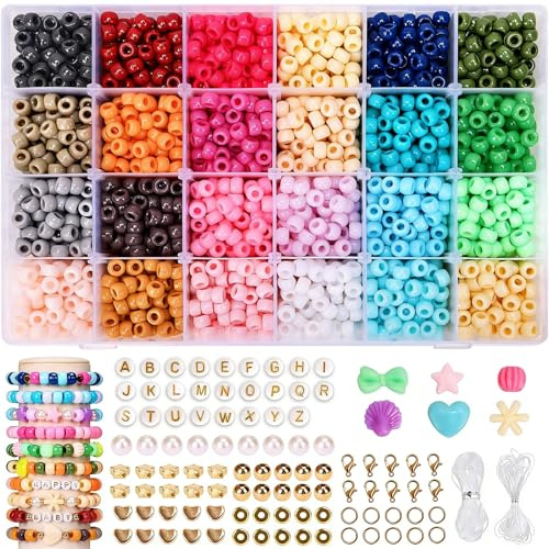 1080 Stück Pony Perlen Set 9mm Bunte Perlen mit Großem Loch in 24 Farben, inkl. Buchstaben- & Motivperlen, Perlen für Armbänder Selber Machen, Bastelset für Freundschaftsarmbänder