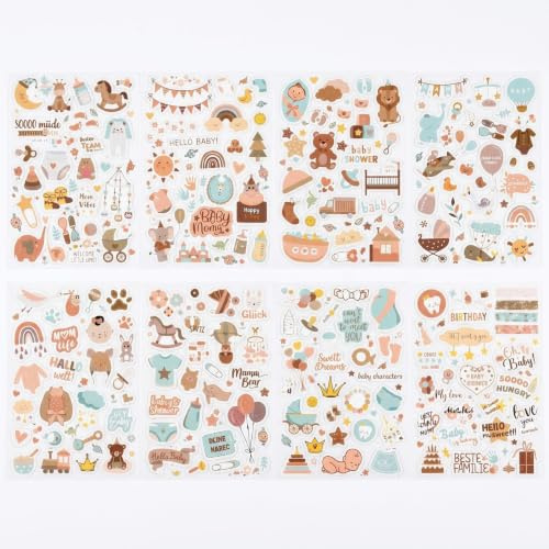 DiiWmme Sticker für Fotoalbum (204 Sticker) – Babyalbum Aufkleber | transparent matt – wasserfest für Baby Fotoalbum & Scrapbooking – Ideal für Babyparty, Tagebuch, Geschenke (4 Blätter)