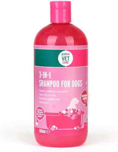 PDSA 3-in-1 Dog Shampoo 500ml – Antibacterial & Deodorising – Gentle Aloe Vera Formula for Sensitive Skin with Long-Lasting Raspberry Fragrance