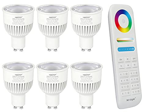 lighteu®, 6x 6W GU10 RGB + CCT LED-Strahler Farbwechsel und CCT WW CW Temperatur einstellbar, original Mi-Light, Glühlampe mit 8-Zonen-Fernbedienung (6x FUT106 + FUT089)
