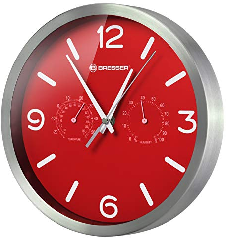 Bresser MyTime ND Thermo-Hygro Horloge Murale Radio-pilotée silencieuse avec Cadre en Acier Inoxydable et Affichage de la température et de l'humidité Rouge