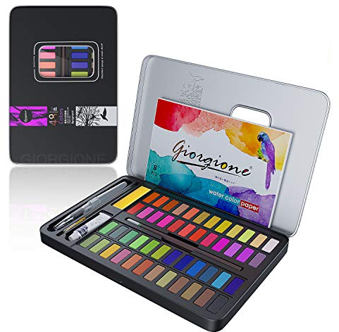 Honmax Aquarellfarbkasten, 48 Wasserfarben Set, Aquarellfarben mit Wassertankpinsel, Pinsel, Zeichenstift, Aquarellpapier, Wasser absorbierender Schwamm, Weiße, Malkasten für Malen