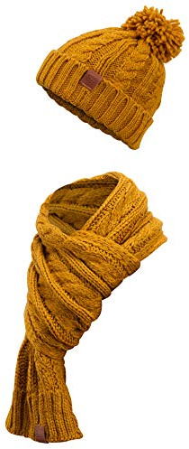 Manufaktur13 Knit Winter Set - Schal & Mütze, 2-teiliges Kombiset aus Strickschal, Beanie, Bommelmütze, Echt-Leder Veredelung (M13)