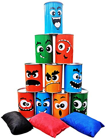 TUAHOO Tin Can Alley Dosenwerfen Kinder, Dosenwurfspiel für Kindergeburtstag Party Spiele Draußen Spielzeug Kinder Bowling Wurfspiel Gartenspiele mit 10 Blechdosen & 3 Wurfsäckchen