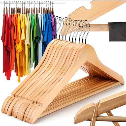 Retoo 10 Stück Kleiderbügel aus Holz mit 360°drehbarer Metallhaken, rutschfest und Platzsparende Garderobenbügel für Hemd, Anzug, Holzkleiderbügel für Aufbewahrung, Holzbügel, Naturfarben Design
