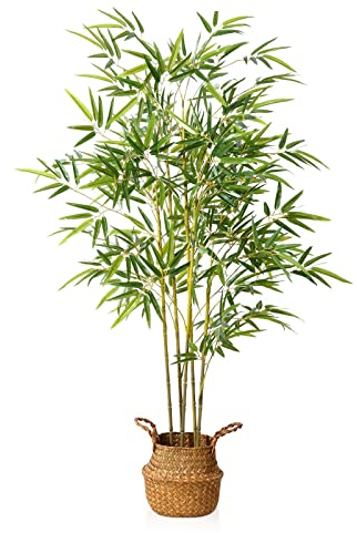 Kazeila Lifelike 140cm Artificial Bamboo Tree-Realistic Fake Plants for Indoor,No Maintenance, Adjustable Stems, Modern Home Office Decor with Seagrass Basket(1 Pack)