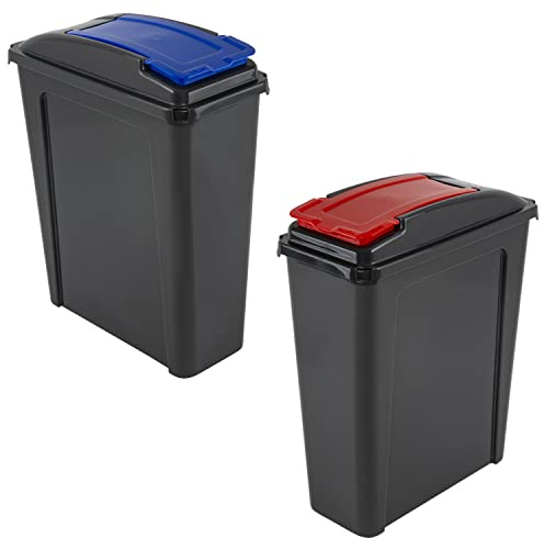 M1SS Set of 2-25L Litre Plastic Indoor Recycle Slimline Waste Bin with Lid for in the Home/Kitchen- Made in UK (Red And Blue)