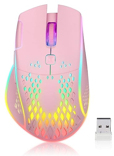 VEGCOO Wireless Gaming Mouse, C30 Silent Click Wireless Rechargeable Gaming Mouse with Double-Click Key and Colorful LED Lights, 3 Level Adjustable DPI for Gaming and Working (Pink)
